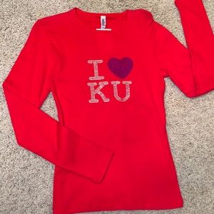 🆕I❤️KU Kansas JAYHAWKS Blingy Long Sleeved RED Tee w/BLUE Bling HEART💙